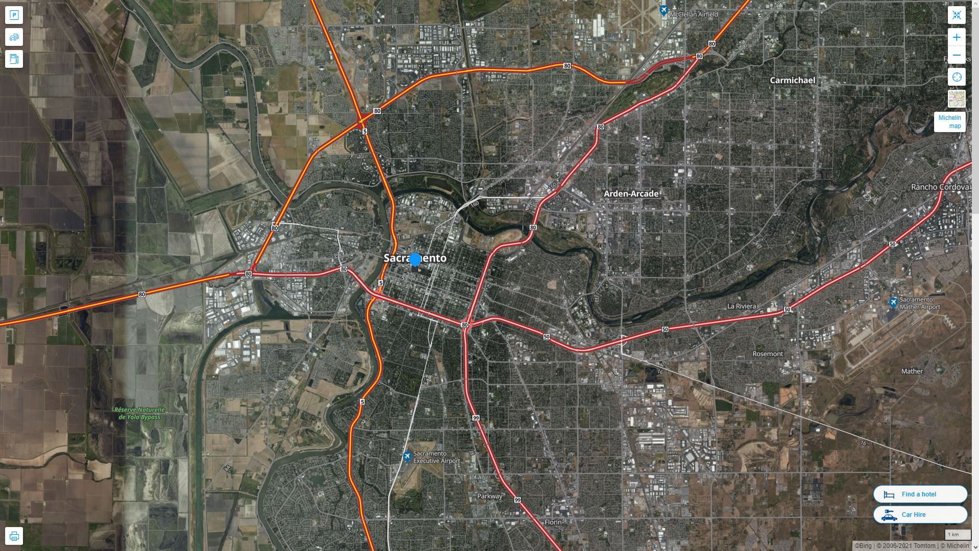 Sacramento California Highway and Road Map with Satellite View